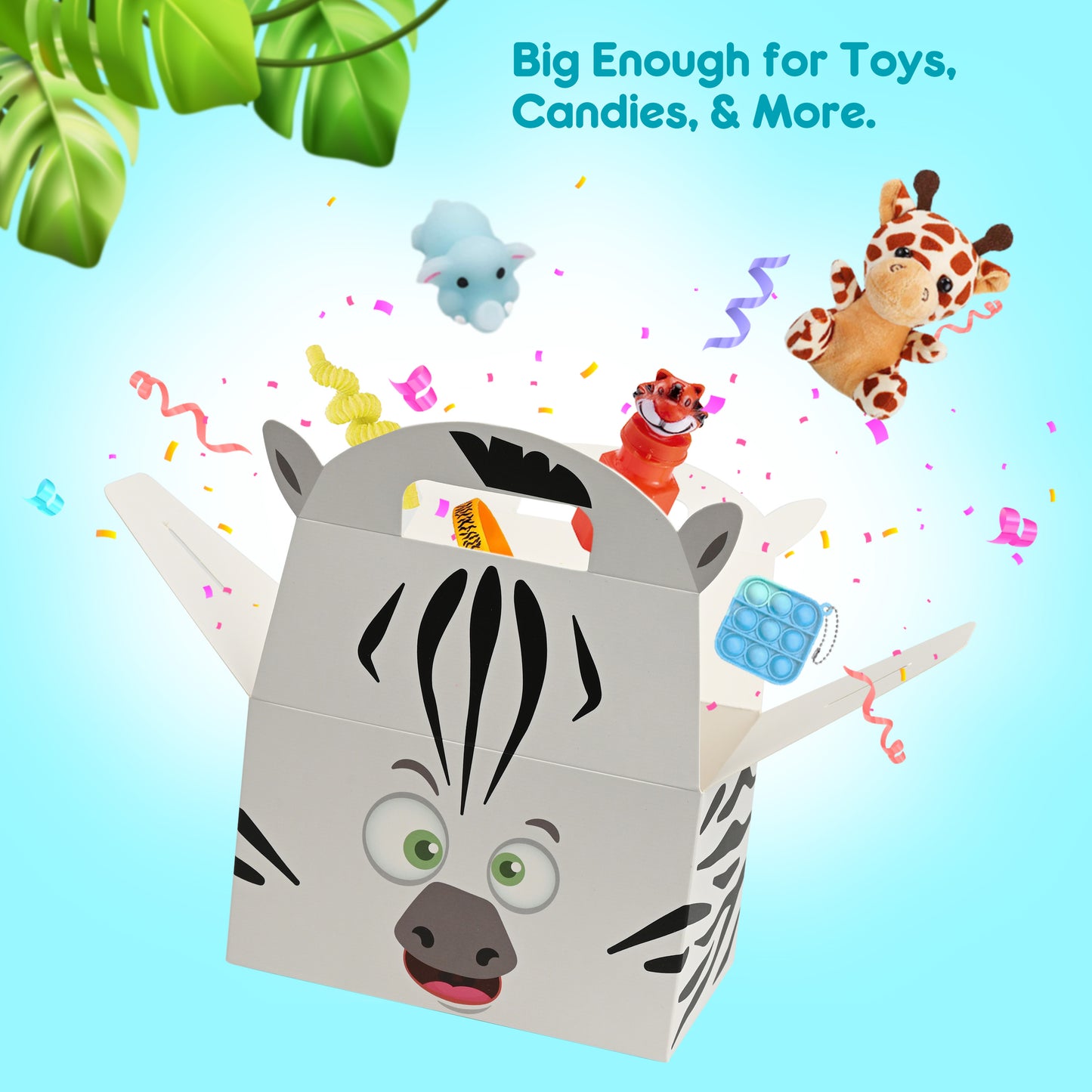 Mocoosy 24PCS Animal Party Favor Treat Boxes, Thickened Cardboard Gift Boxes Candy Snack Goodie Bags for Kids Birthday, Recycled Paper Gable Box with Handles for Jungle Safari Zoo Theme Party Supplies
