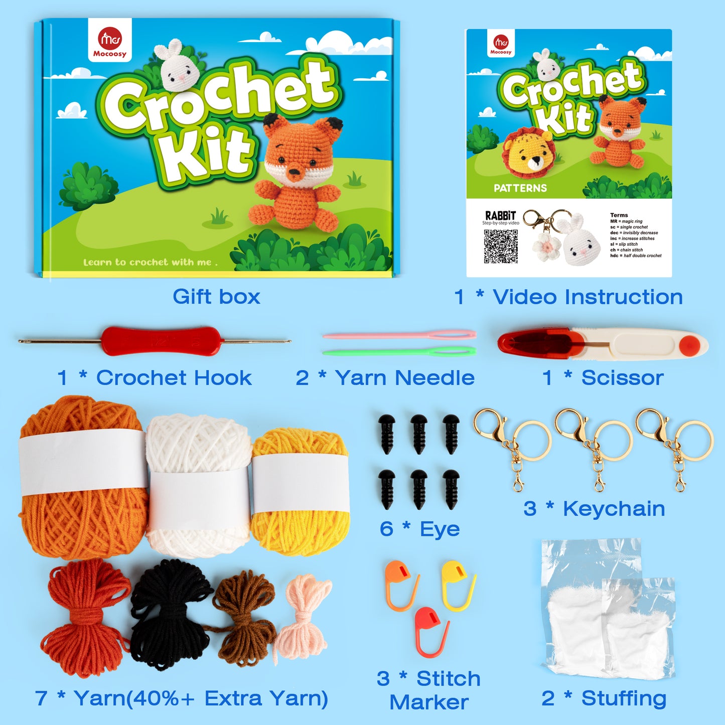 Mocoosy 3PCS Animal Crochet Kit for Beginners, Learn to Crochet Starter Kit for Kids Adults, Crochet Set with Step-by-Step Video Tutorials, DIY Knitting Supplies Include Yarn and Accessories