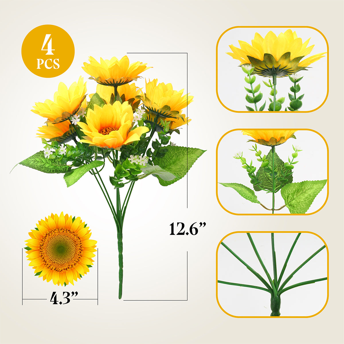 Mocoosy 4 Bunches Artificial Sunflower Bouquets, Fake Sunflowers with Stems, Silk Wildflowers Realistic Yellow Faux Sun Flowers for Wedding Decorations Fall Floral Arrangements Home Garden Table Decor