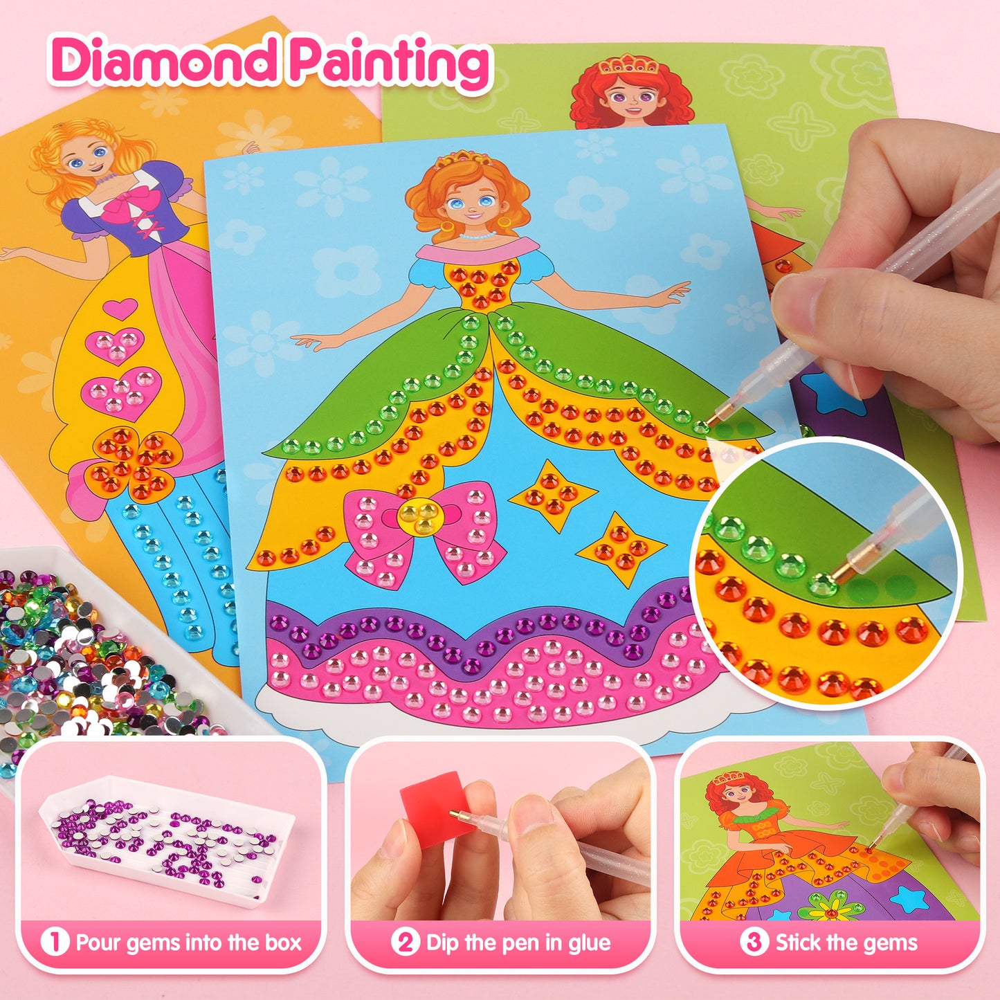 Mocoosy 5-in-1 Princess Dress Up & Makeup Book Set, Paper Doll Artist Activity Kit for Diamond Painting & Foil Art, Travel Game Airplane Car Road Trip Toys Art Craft Supplies for Girls Birthday Gift