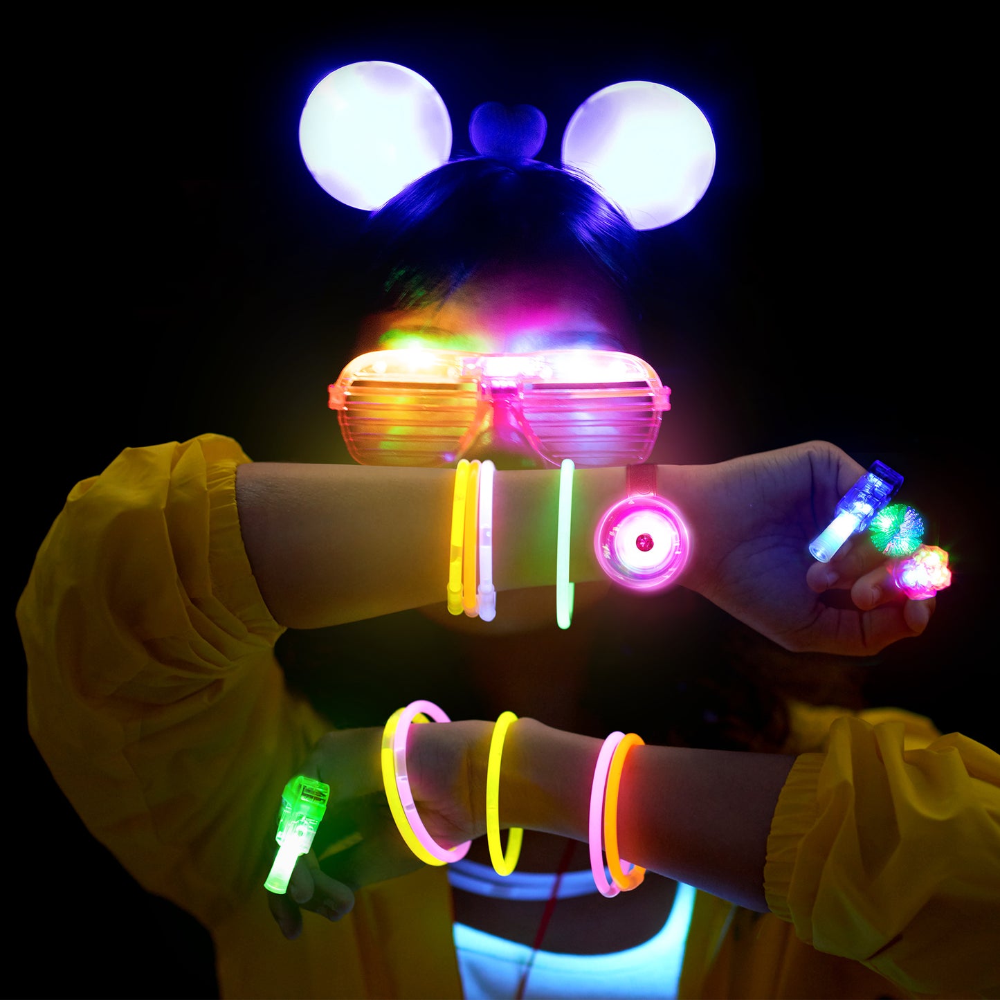 Mocoosy 103PCS Glow in the Dark Party Supplies, Light Up Party Favors for Kids Adults Neon Toys Bulk Party Pack With Glow Sticks, Led Glasses, Light Up Bracelets, Finger Lights, Jelly Ring & Headbands