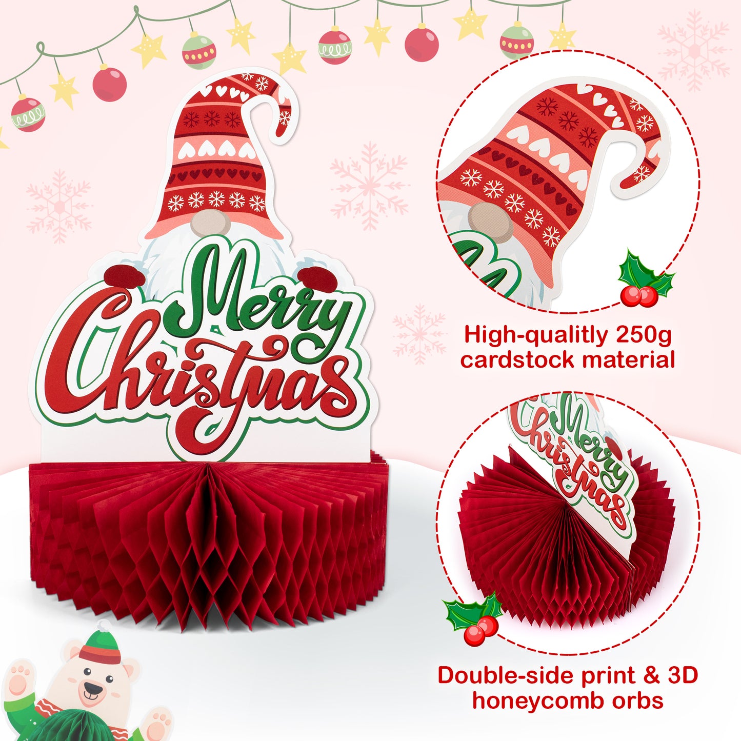 Mocoosy 12 Pack Christmas Party Honeycomb Centerpieces for Table Decorations, Xmas Center Pieces Table Topper with Gnome Santa Snowman Tabletop Centerpieces Decor Holidays Winter Office Party Supplies