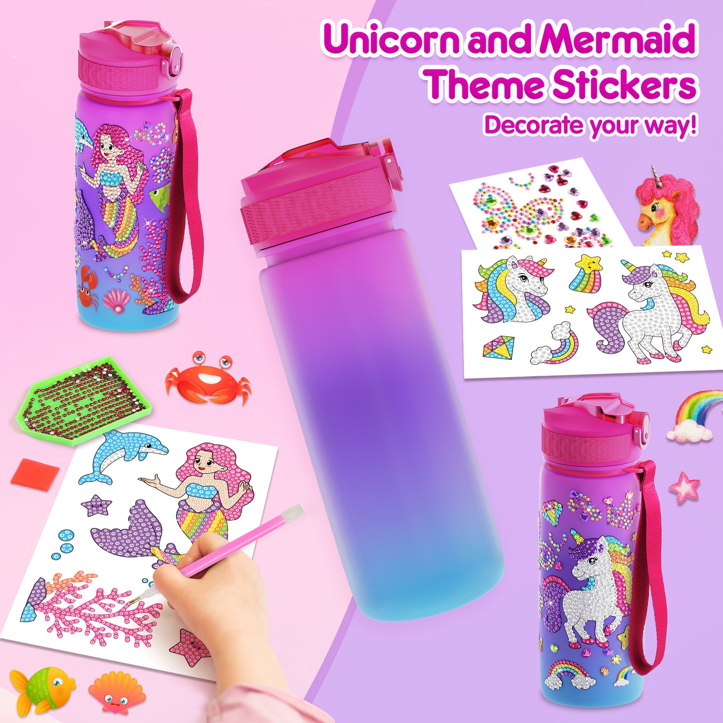 Mocoosy Decorate Your Own Water Bottle Kit for Girls, Art Crafts for Kids Ages 4-6-8-12, Unicorn & Mermaid Diamond Art Painting Toys Summer Craft Activity Birthday Gift Ideas for Girls 5-10 Years Old