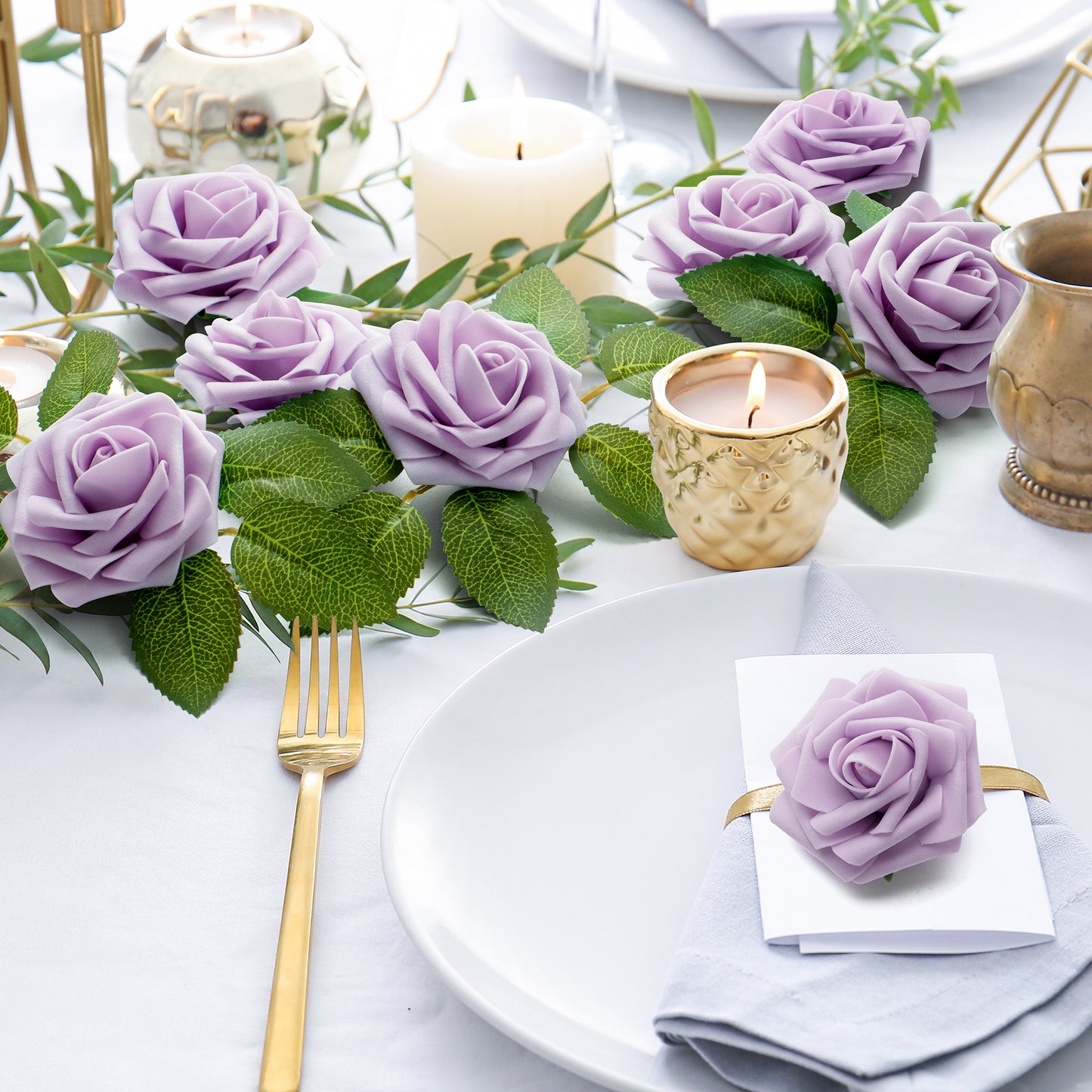 Mocoosy 50Pcs Rose Artificial Flowers, Lilac Fake Roses for Decorations, Light Purple Foam Rose Bulk with Stem DIY Wedding Bouquets Floral Arrangements Bridal Shower Centerpiece Party Home Table Decor