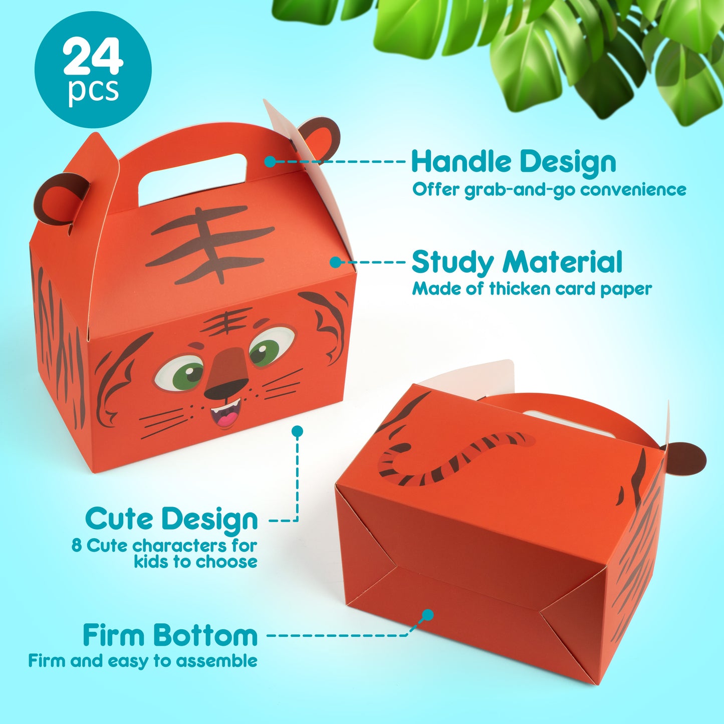 Mocoosy 24PCS Animal Party Favor Treat Boxes, Thickened Cardboard Gift Boxes Candy Snack Goodie Bags for Kids Birthday, Recycled Paper Gable Box with Handles for Jungle Safari Zoo Theme Party Supplies