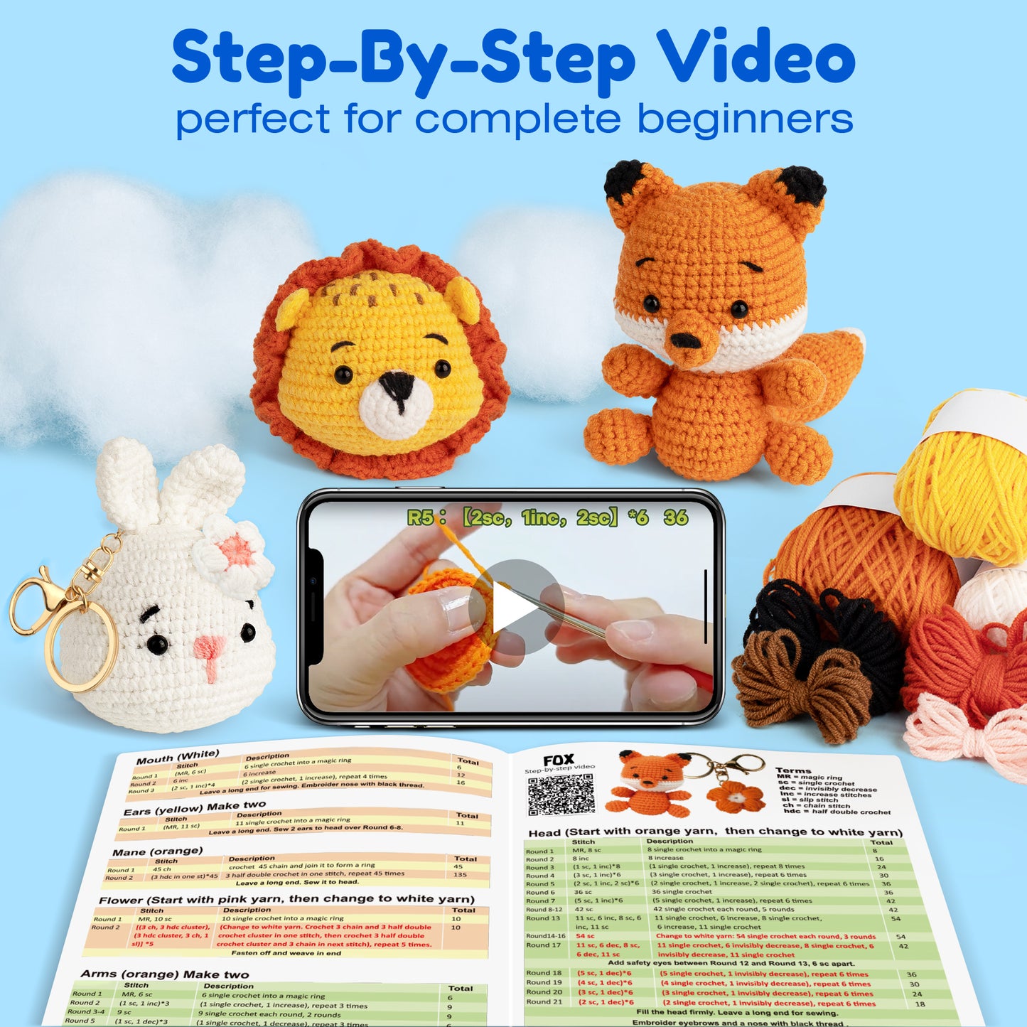 Mocoosy 3PCS Animal Crochet Kit for Beginners, Learn to Crochet Starter Kit for Kids Adults, Crochet Set with Step-by-Step Video Tutorials, DIY Knitting Supplies Include Yarn and Accessories