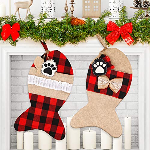 Mocoosy 2 Pack Pet Cat Christmas Stockings Personalized, 19 Inch Burlap Red Black Buffalo Plaid Xmas Stockings for Cat, Large Decorative Stockings Christmas Fireplace Hanging Decorations Holiday Decor
