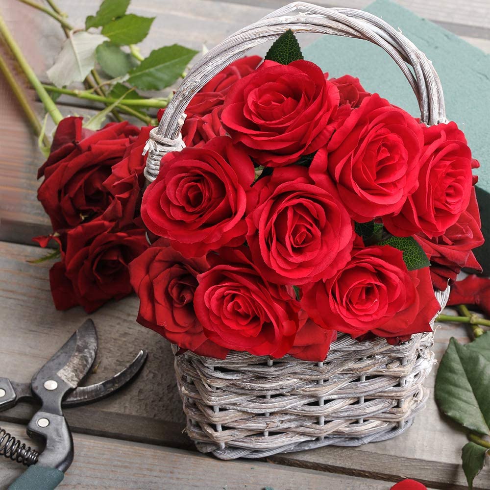 Mocoosy 12PCS Red Roses Artificial Flowers, Fake Roses with Long Stems Realistic Silk Rose Bouquets for Wedding Decorations Bridal Shower Faux Floral Arrangements Spring Party Home Table Decor