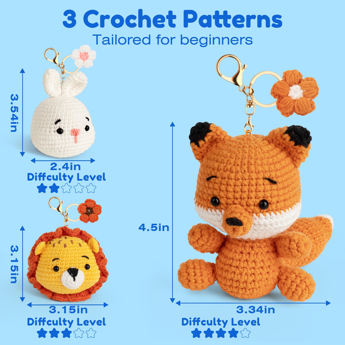 Mocoosy 3PCS Animal Crochet Kit for Beginners, Learn to Crochet Starter Kit for Kids Adults, Crochet Set with Step-by-Step Video Tutorials, DIY Knitting Supplies Include Yarn and Accessories