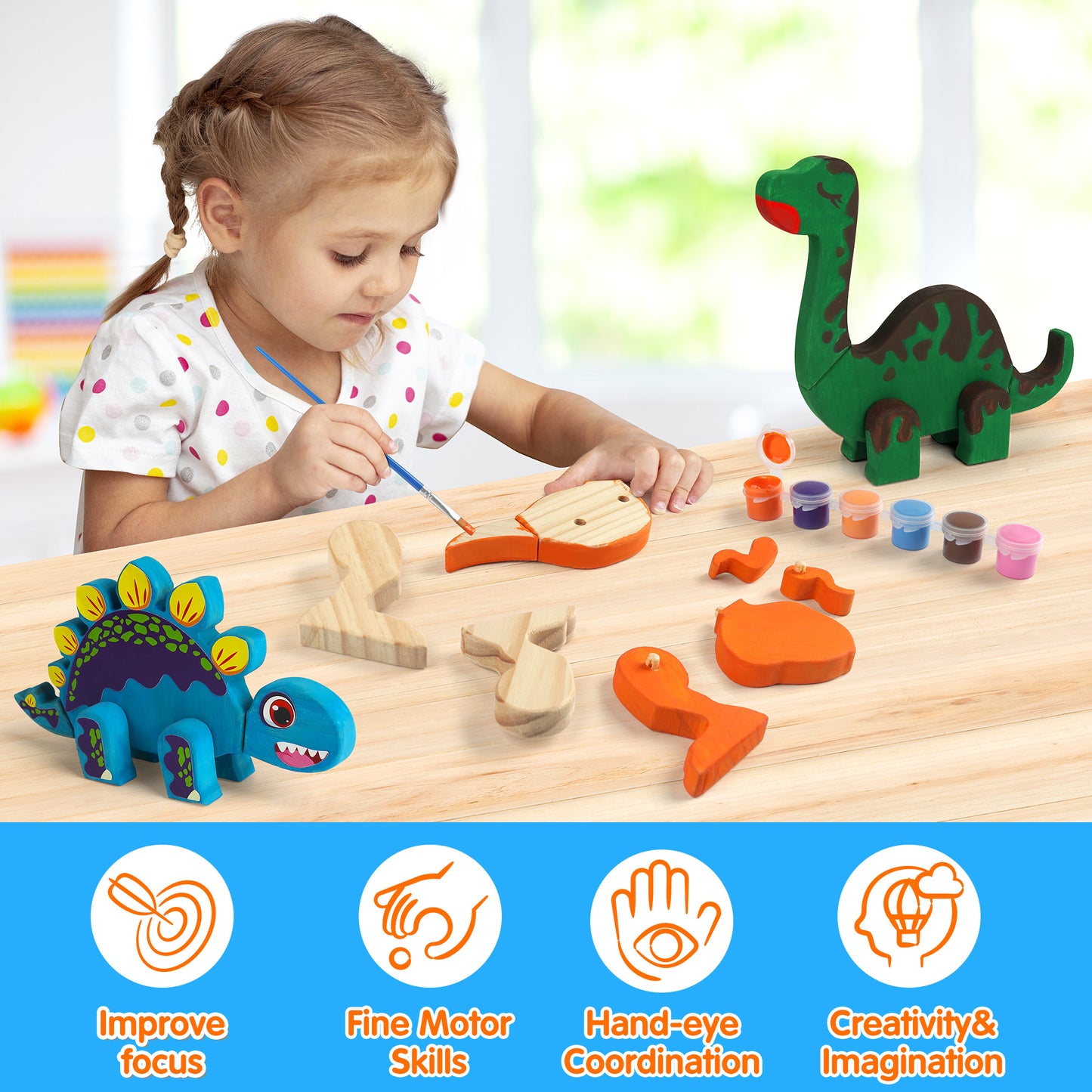 Mocoosy Wooden Dinosaur Painting Art Craft Kit for Kids 3-5, Wood Take Apart Dinosaur Snap Together Building Toy,Build Your Own Dinosaurs with Paint and Stickers STEM Game Creative Gift for Boys Girls