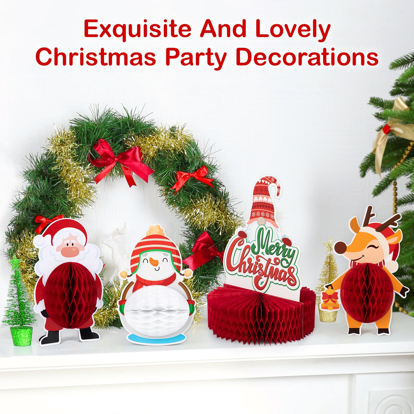Mocoosy 12 Pack Christmas Party Honeycomb Centerpieces for Table Decorations, Xmas Center Pieces Table Topper with Gnome Santa Snowman Tabletop Centerpieces Decor Holidays Winter Office Party Supplies
