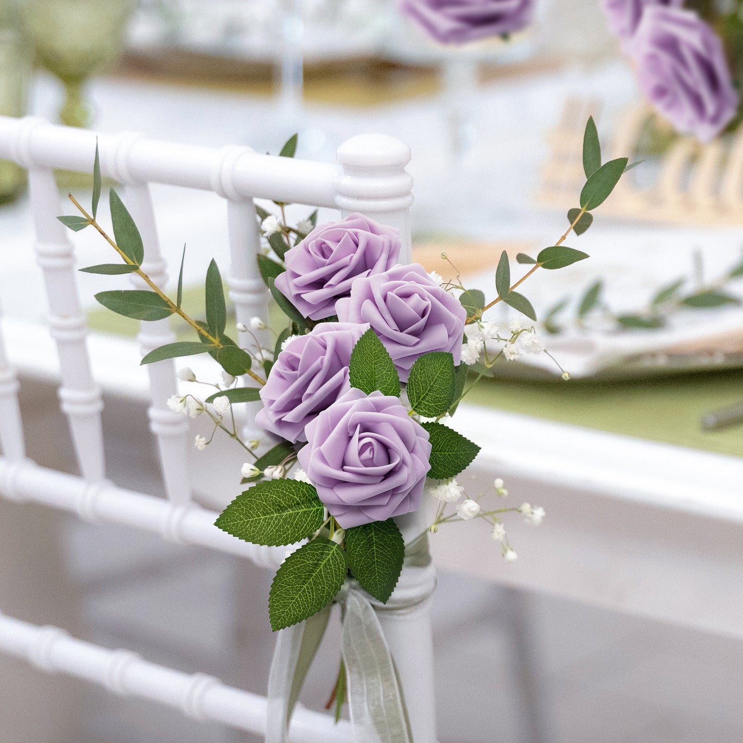 Mocoosy 50Pcs Rose Artificial Flowers, Lilac Fake Roses for Decorations, Light Purple Foam Rose Bulk with Stem DIY Wedding Bouquets Floral Arrangements Bridal Shower Centerpiece Party Home Table Decor