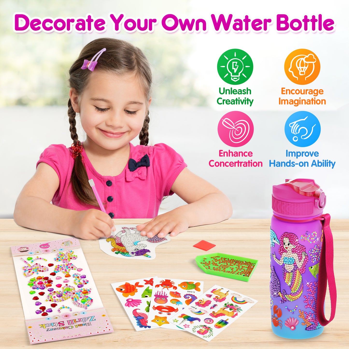 Mocoosy Decorate Your Own Water Bottle Kit for Girls, Art Crafts for Kids Ages 4-6-8-12, Unicorn & Mermaid Diamond Art Painting Toys Summer Craft Activity Birthday Gift Ideas for Girls 5-10 Years Old