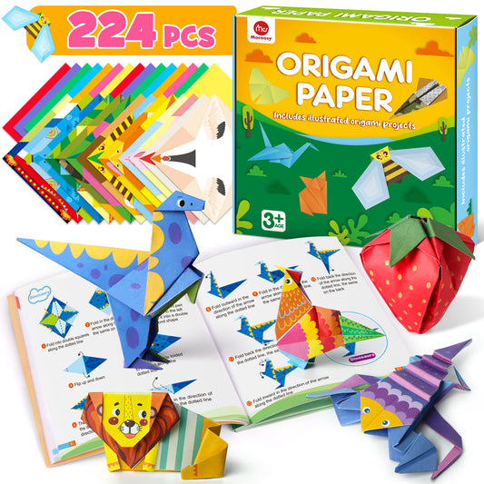 Mocoosy 224 Sheets Origami Paper Kit for Kids Ages 8-12, Color Folding Paper Set with Origami Book, Art Craft Supplies for Boys Girls 5-8 9-12, Travel Game Airplane Car Road Trip Activities Toy Gifts