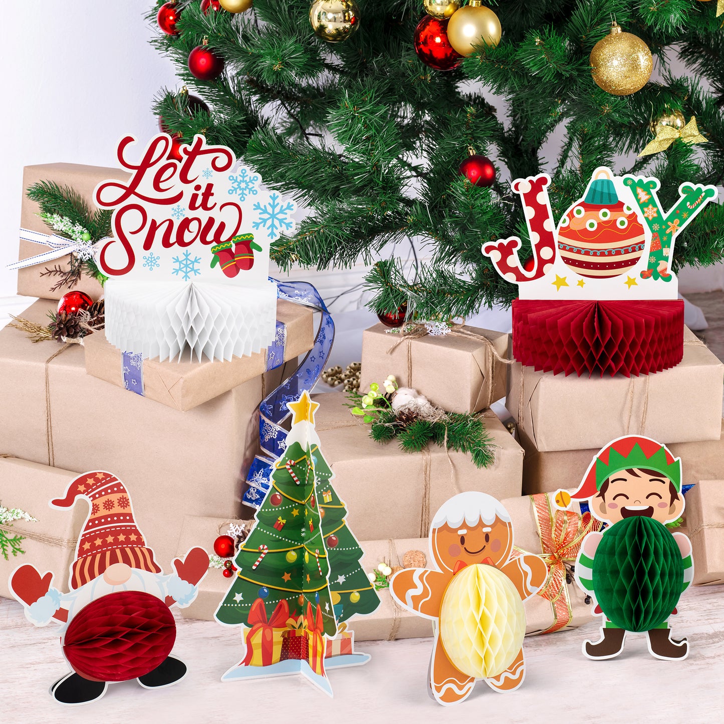 Mocoosy 12 Pack Christmas Party Honeycomb Centerpieces for Table Decorations, Xmas Center Pieces Table Topper with Gnome Santa Snowman Tabletop Centerpieces Decor Holidays Winter Office Party Supplies