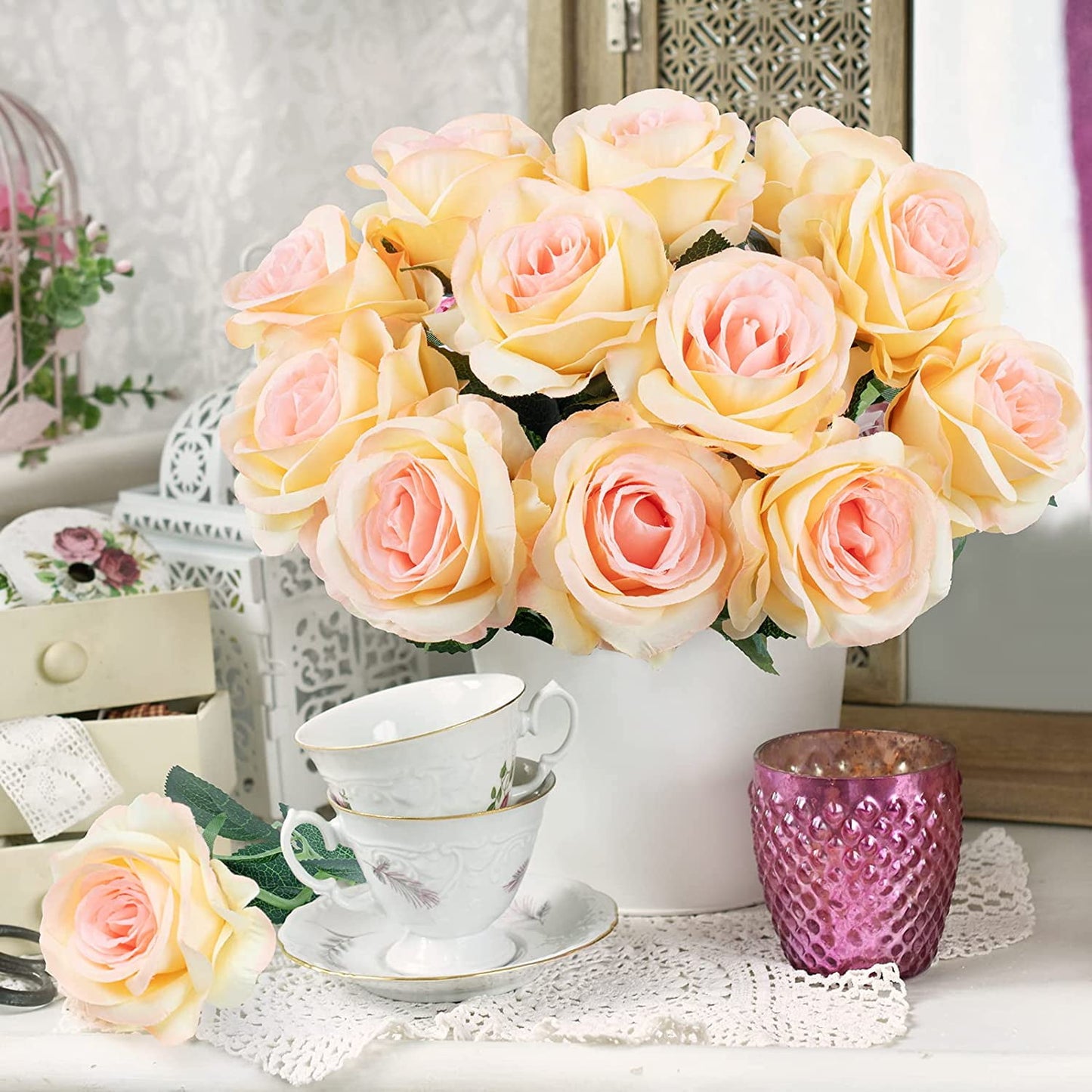 Mocoosy 12PCS Artificial Roses Fake Flowers for Decoration, Champagne Silk Roses Single Stem Flowers Artificial Bouquet for Wedding Mother‘ Day Birthday Party Arrangment Centerpiece Home Table Decor