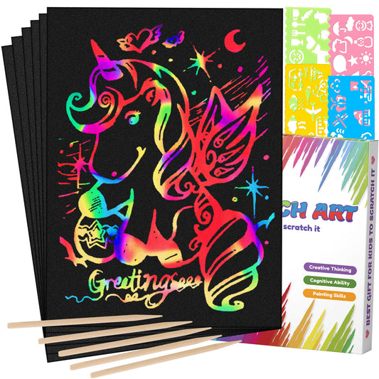 Mocoosy 60 Pcs Rainbow Scratch Art Paper for Kids, Magic Scratch Off Paper Set Art Craft Kit Black Scratch Sheets with Stencils Birthday Party Favor Game Activities Gifts for Girls Boys Ages 4-8 8-12