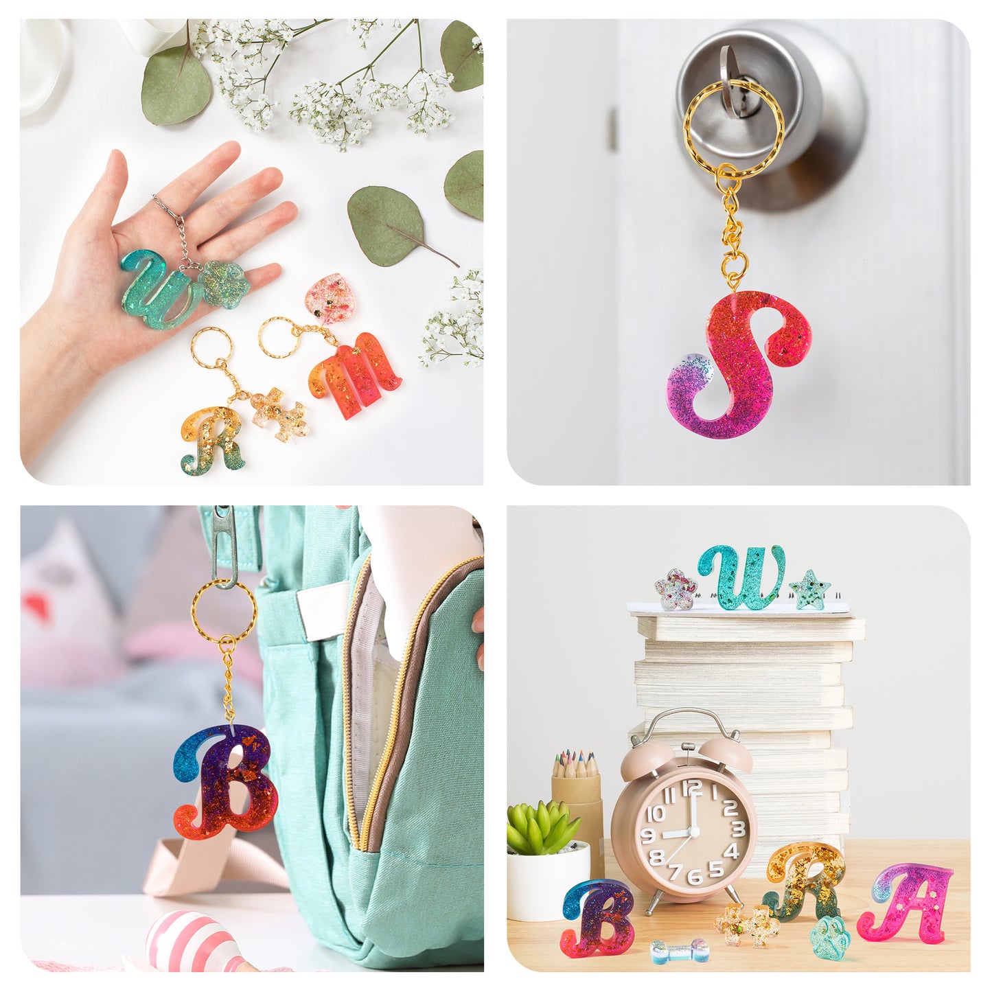 Mocoosy 182Pcs Fancy Alphabet Resin Molds Silicone Kit, Reversed Letter Keychain Epoxy Resin Casting Molds, Resin Key Chain Making Set with 1 Hand Drill 2 Drill Bits 30 Key Rings 100 Screw Pins