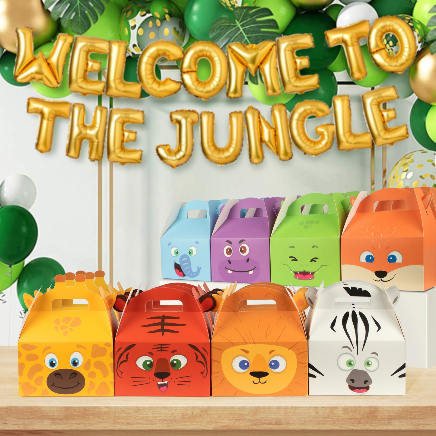 Mocoosy 24PCS Animal Party Favor Treat Boxes, Thickened Cardboard Gift Boxes Candy Snack Goodie Bags for Kids Birthday, Recycled Paper Gable Box with Handles for Jungle Safari Zoo Theme Party Supplies