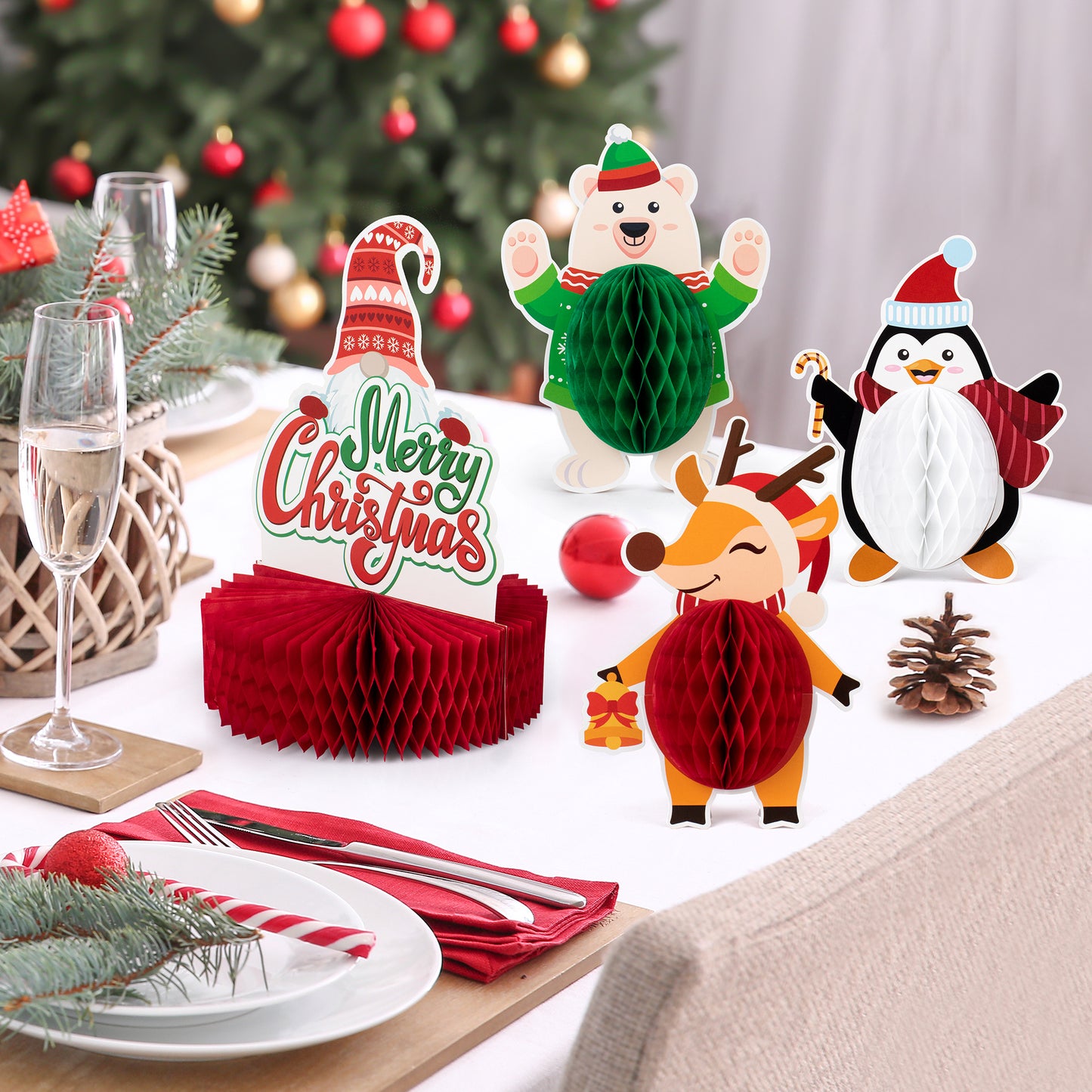 Mocoosy 12 Pack Christmas Party Honeycomb Centerpieces for Table Decorations, Xmas Center Pieces Table Topper with Gnome Santa Snowman Tabletop Centerpieces Decor Holidays Winter Office Party Supplies