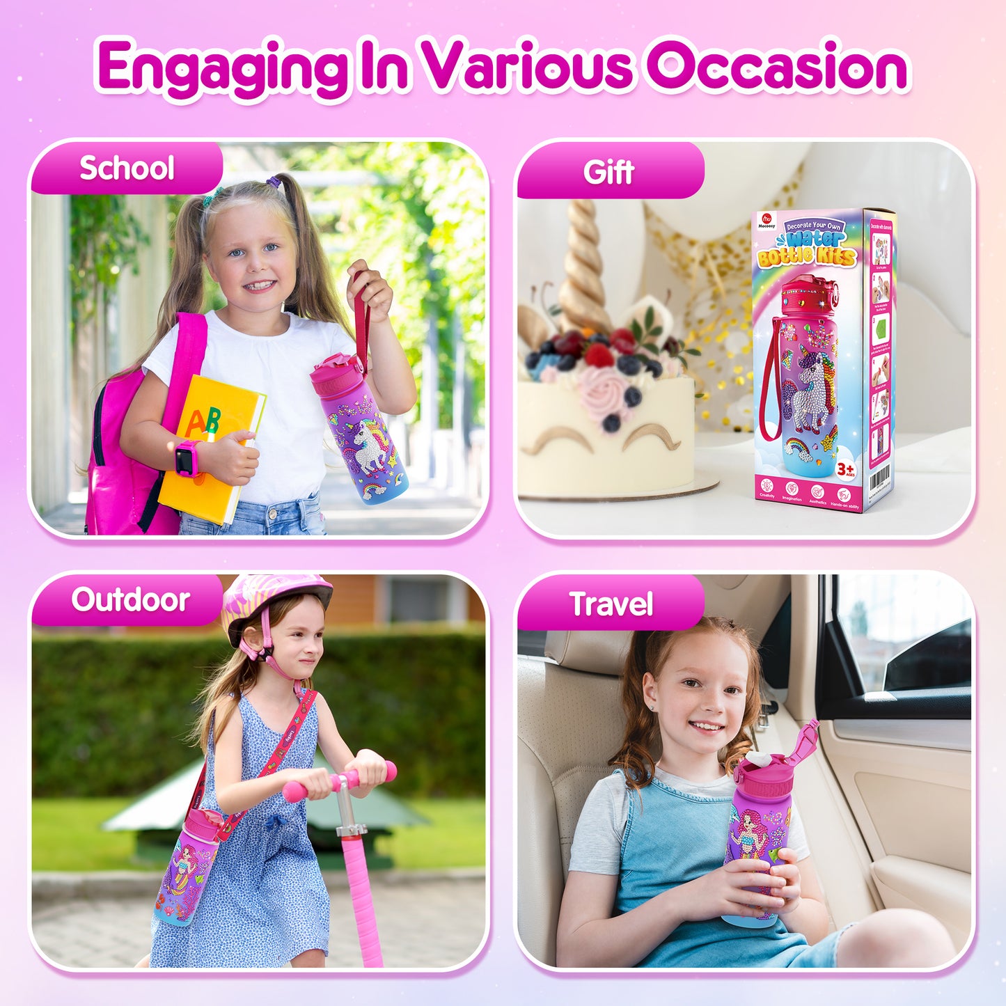 Mocoosy Decorate Your Own Water Bottle Kit for Girls, Art Crafts for Kids Ages 4-6-8-12, Unicorn & Mermaid Diamond Art Painting Toys Summer Craft Activity Birthday Gift Ideas for Girls 5-10 Years Old