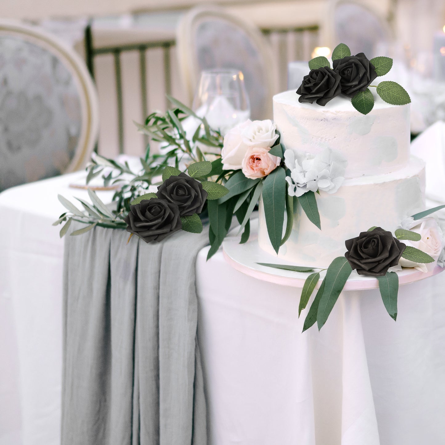 Mocoosy 50Pcs Black Roses Artificial Flowers, Fake Roses for Decorations, Real Touch Foam Rose Bulk with Stem Gothic Wedding Bouquet DIY Floral Arrangements Bridal Shower Valentine's Party Table Decor