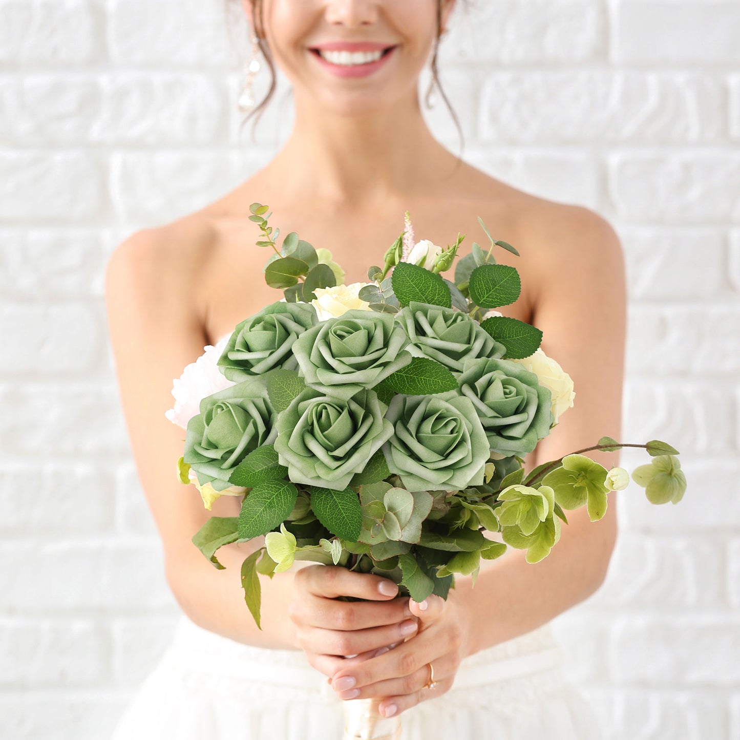 Mocoosy 50Pcs Rose Artificial Flowers, Sage Green Fake Roses for Decorations, Real Touch Foam Roses Bulk with Stems DIY Wedding Bouquets Elf Green Floral Arrangements Bridal Shower Party Home Decor