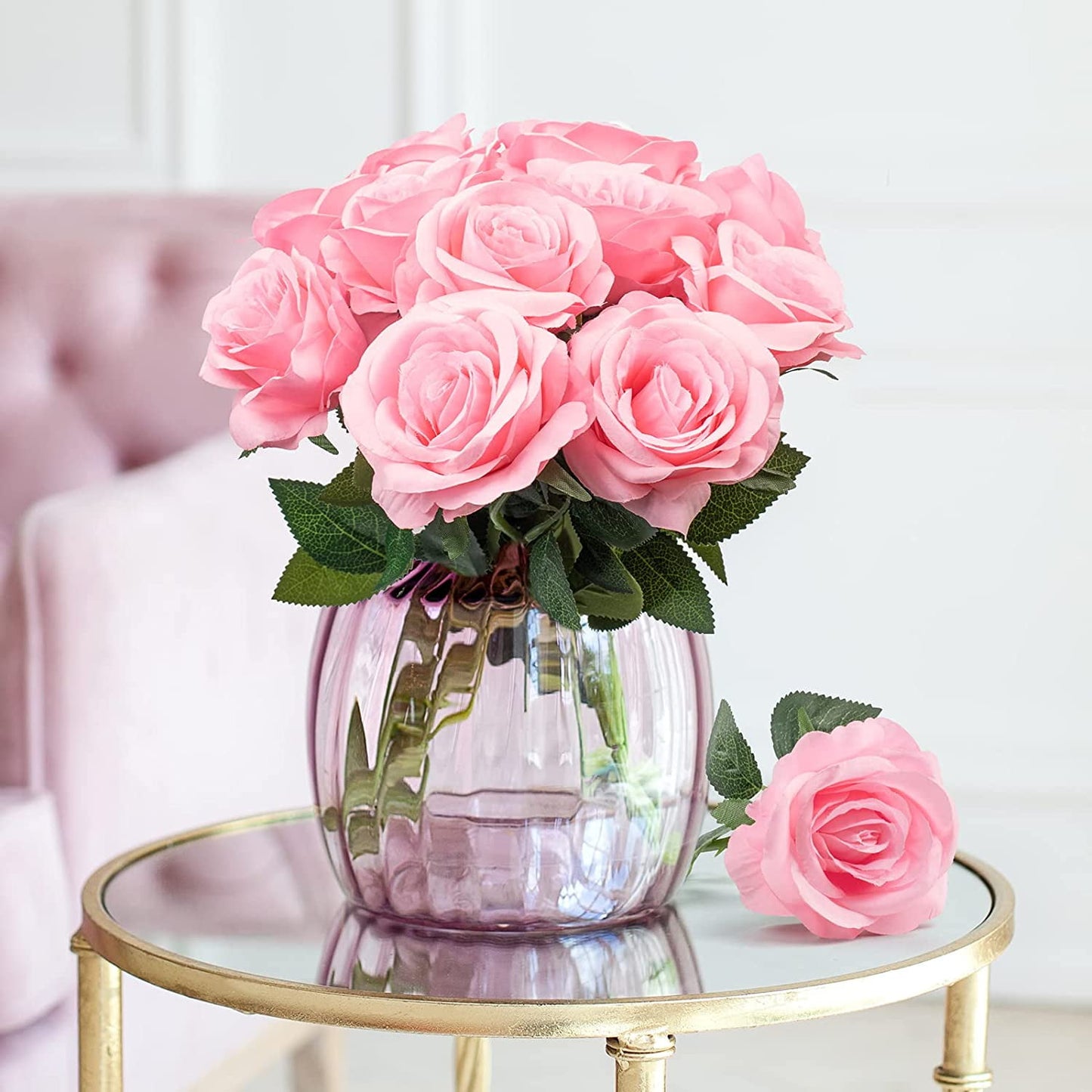 Mocoosy 12PCS Pink Roses Artificial Flowers for Decoration, Pink Fake Silk Roses Single Stem Flowers Artificial Bouquet for Wedding Birthday Party Arrangment Centerpiece Home Table Decor