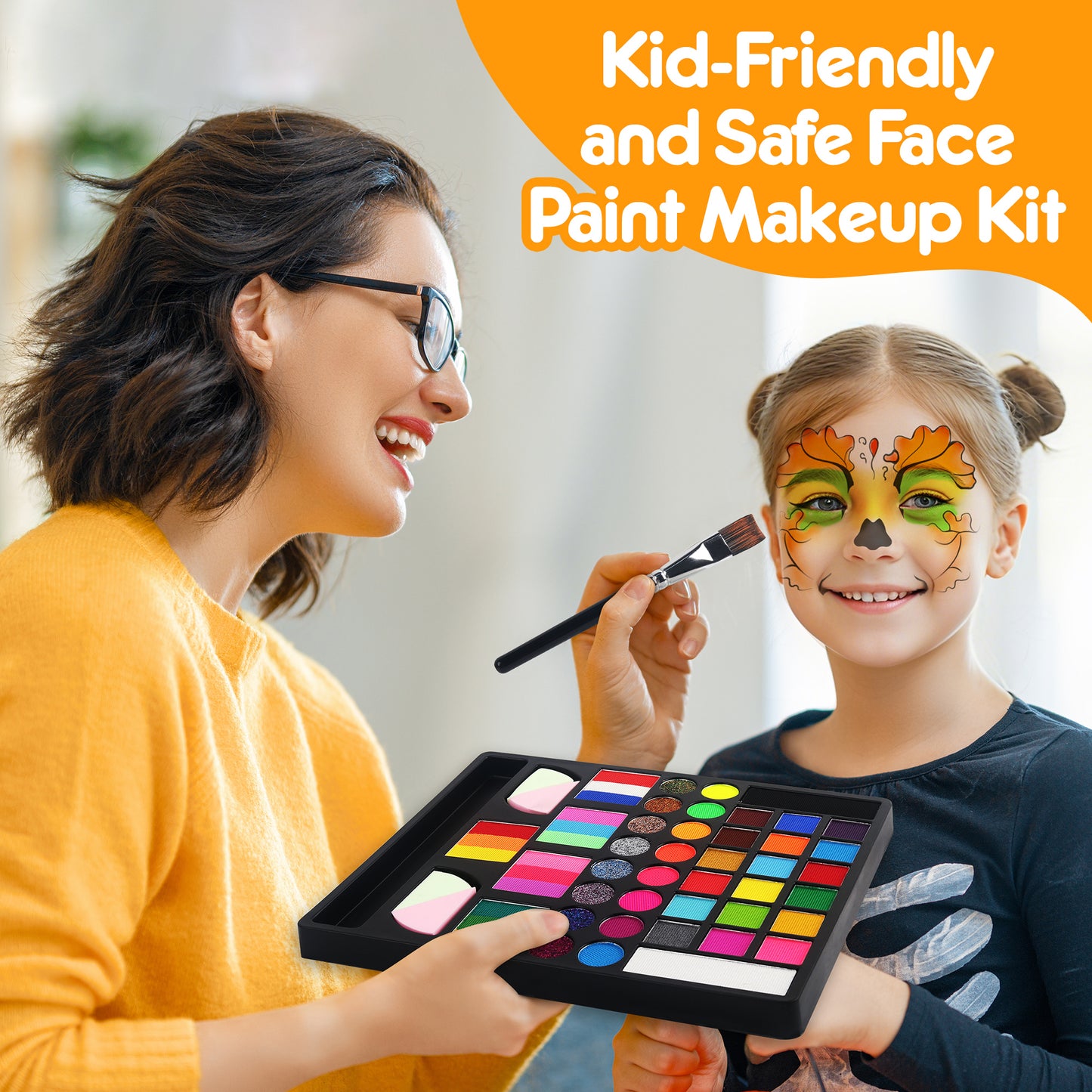 Mocoosy 41 Color Face Painting Kit for Kids, Non-Toxic Water Activated Face Paint Palette With Stencils, Brushes, Gems, Professional Body Makeup Kit for Cosplay Parties, Birthdays Carnival Christmas