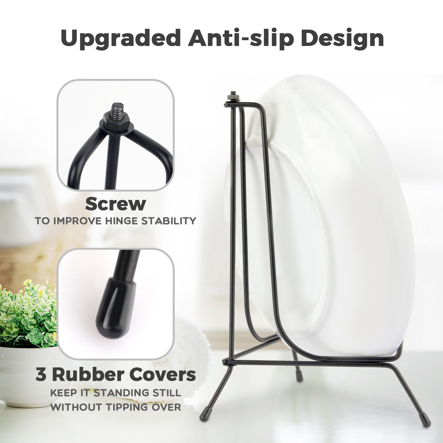 Mocoosy 4 Pack 8 Inch Improved Anti-Slip Plate Stands for Display, Plate Holder Display Stand, Picture Frame Holder Stand, Black Iron Easel Stands for Photo, Decorative Plate, Tablets and Table Art