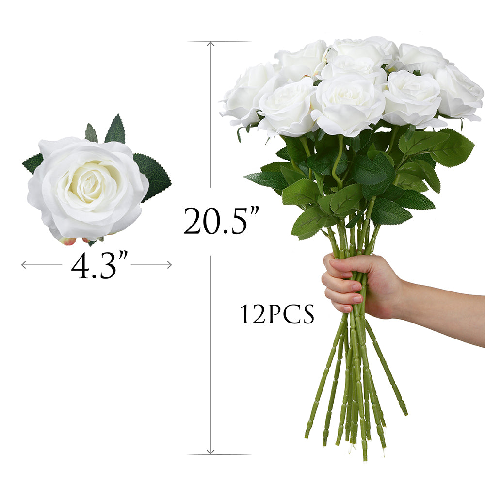 Mocoosy 12 PCS White Rose Artificial Flowers, Fake Roses with Long Stems Realistic Silk Rose Bouquets for Wedding Decorations Bridal Shower Faux Floral Arrangements Spring Party Home Table Decor