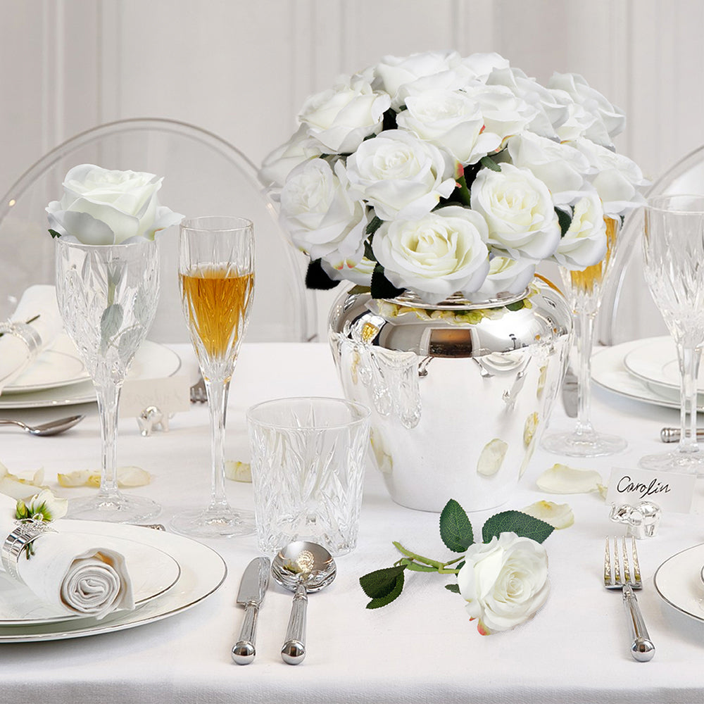 Mocoosy 12 PCS White Rose Artificial Flowers, Fake Roses with Long Stems Realistic Silk Rose Bouquets for Wedding Decorations Bridal Shower Faux Floral Arrangements Spring Party Home Table Decor