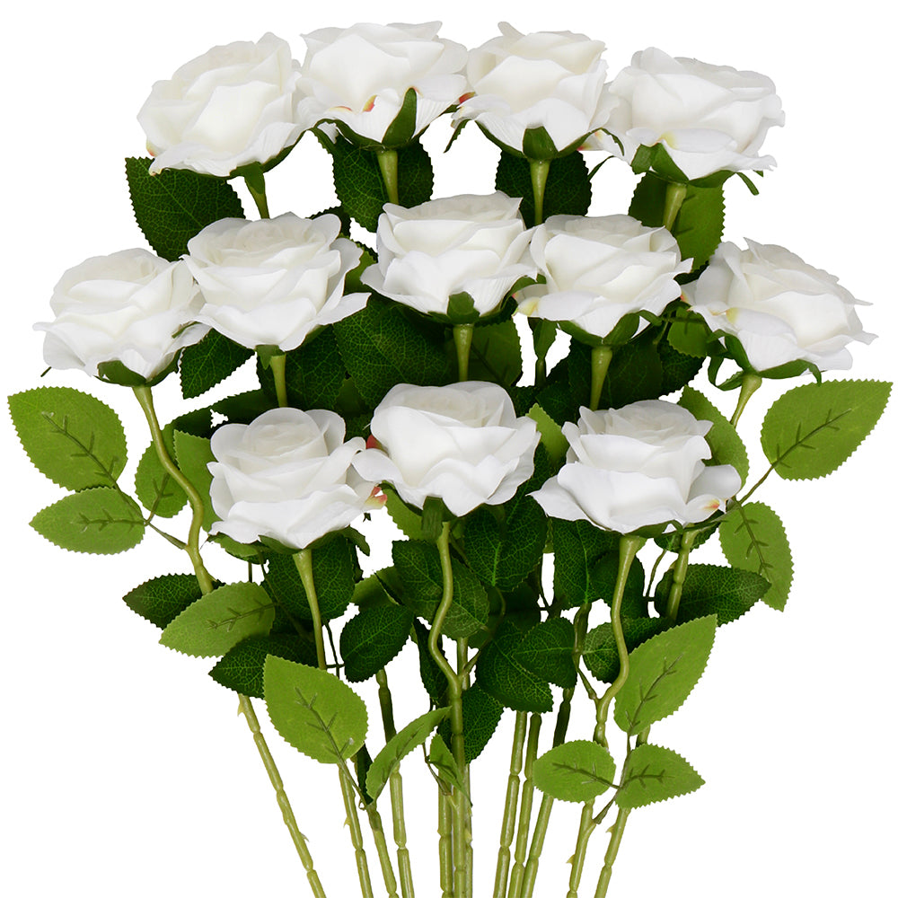 Mocoosy 12 PCS White Rose Artificial Flowers, Fake Roses with Long Stems Realistic Silk Rose Bouquets for Wedding Decorations Bridal Shower Faux Floral Arrangements Spring Party Home Table Decor