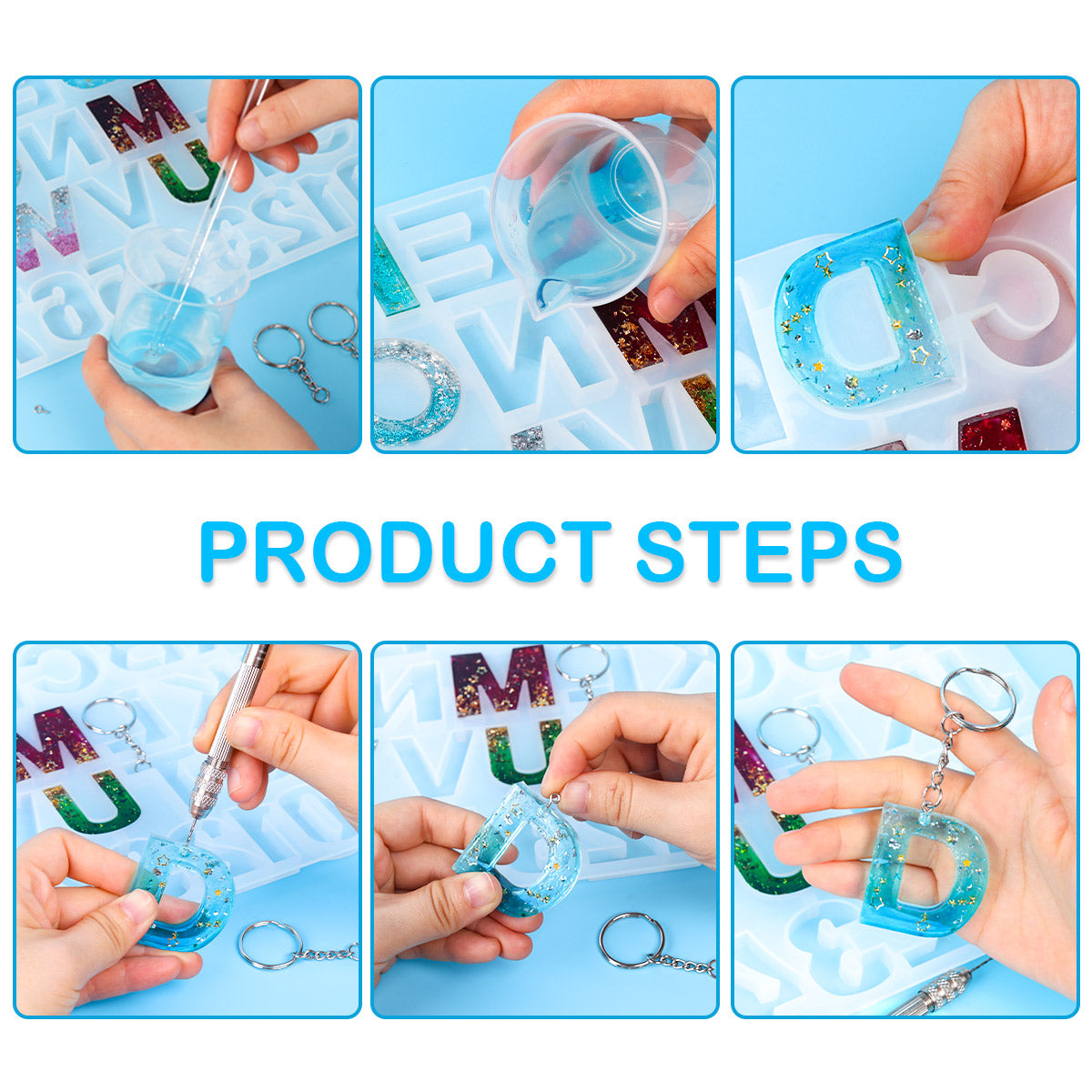 Mocoosy 134Pcs Alphabet Keychain Resin Molds Kit, Reversed Letter Number Silicone Mold Epoxy Resin Casting Molds Key Chain Making Set with 1 Hand Drill 2 Drill Bits 30 Key Rings 100 Screw Pin