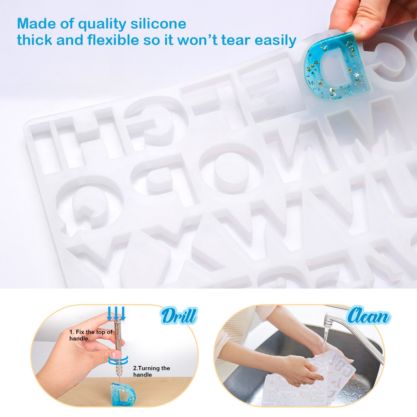 Mocoosy 134Pcs Alphabet Keychain Resin Molds Kit, Reversed Letter Number Silicone Mold Epoxy Resin Casting Molds Key Chain Making Set with 1 Hand Drill 2 Drill Bits 30 Key Rings 100 Screw Pin