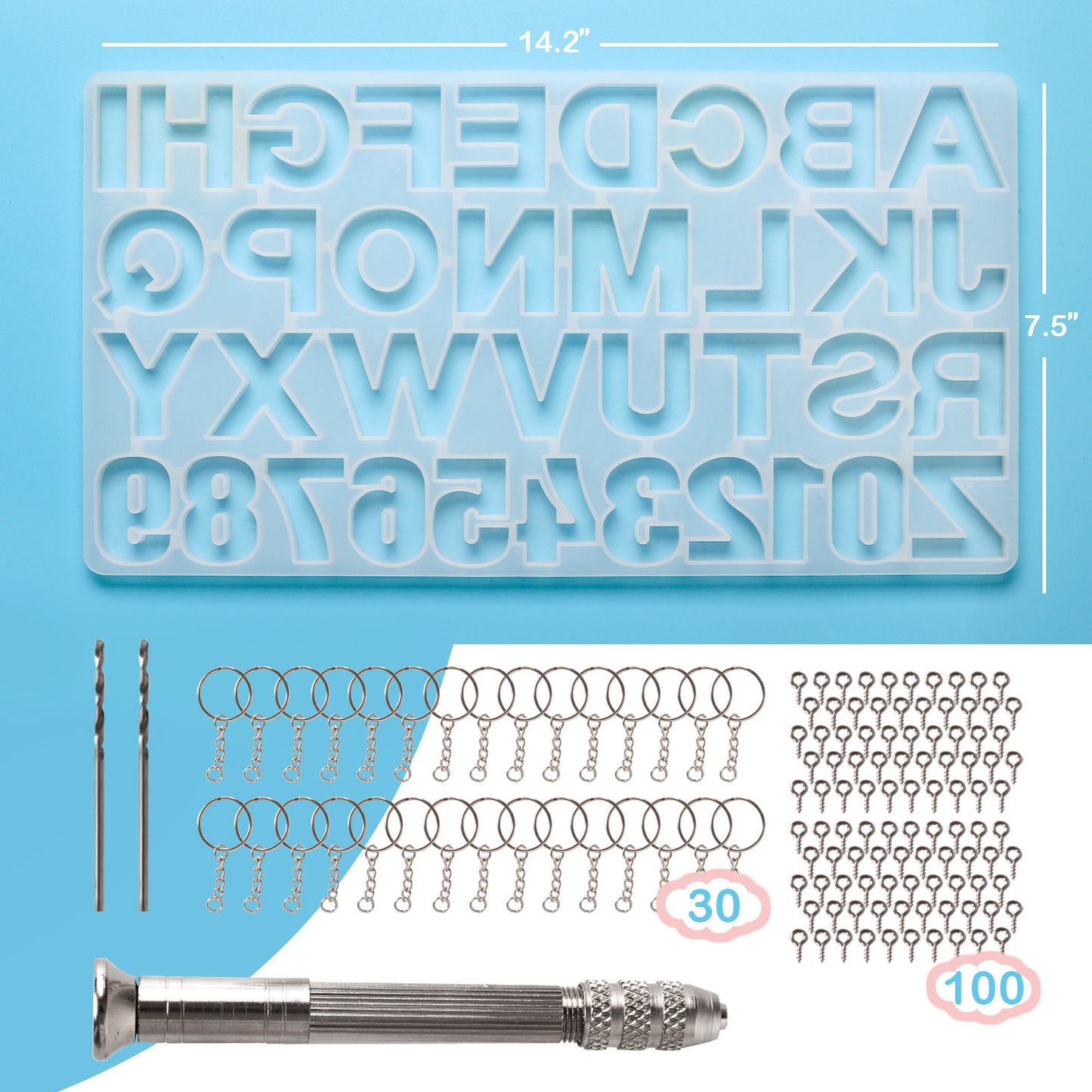 Mocoosy 134Pcs Alphabet Keychain Resin Molds Kit, Reversed Letter Number Silicone Mold Epoxy Resin Casting Molds Key Chain Making Set with 1 Hand Drill 2 Drill Bits 30 Key Rings 100 Screw Pin
