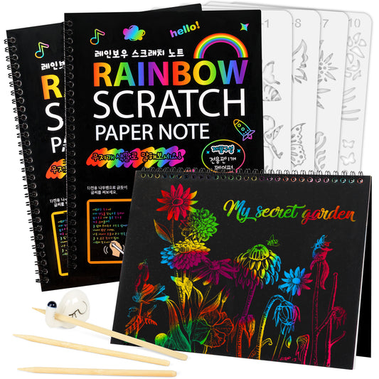 Mocoosy 3 Pack Rainbow Scratch Paper Art Notebooks, Magic Scratch Paper Set for Kids Arts Crafts, Black Scratch Note Doodle Pads for DIY Drawing Activity Birthday Gifts Ideas for Boys Girls Ages 3-12