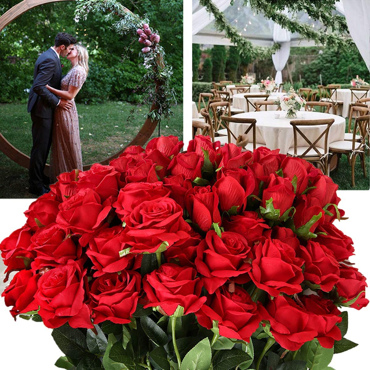 Mocoosy 12PCS Red Roses Artificial Flowers, Fake Roses with Long Stems Realistic Silk Rose Bouquets for Wedding Decorations Bridal Shower Faux Floral Arrangements Spring Party Home Table Decor