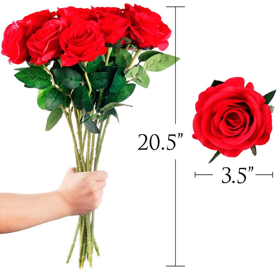 Mocoosy 12PCS Red Roses Artificial Flowers, Fake Roses with Long Stems Realistic Silk Rose Bouquets for Wedding Decorations Bridal Shower Faux Floral Arrangements Spring Party Home Table Decor
