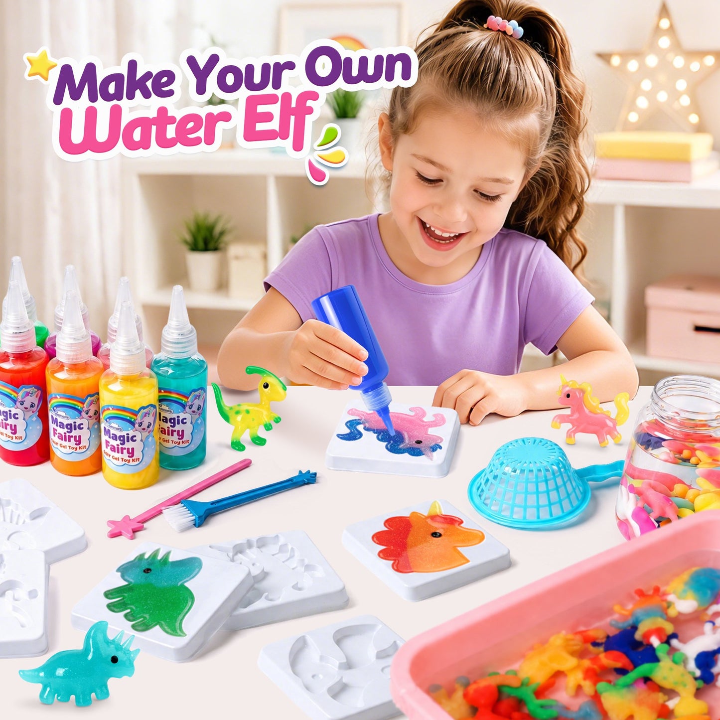 Mocoosy Magic Water Elf Toy Kit for Kids, 10pcs Aqua Fairy Water Gel Kit with 10 Color Aqua Gel & 8 Squishy Maker Molds, Create Water Pets & Squishy Toys, DIY Crafts STEM Gift for Boys Girl