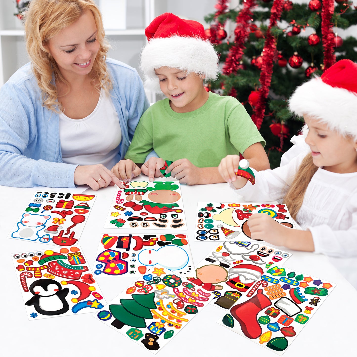 Mocoosy 32PCS Christmas Make a Face Sticker Sheets for Kids, Make Your Own Christmas Characters Stickers, Xmas Stickers with Elf, Santa, Snowman, Penguin and More Christmas Party Favor Craft Supplies