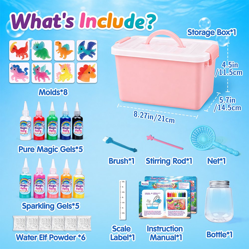 Mocoosy Magic Water Elf Toy Kit for Kids, 10pcs Aqua Fairy Water Gel Kit with 10 Color Aqua Gel & 8 Squishy Maker Molds, Create Water Pets & Squishy Toys, DIY Crafts STEM Gift for Boys Girl