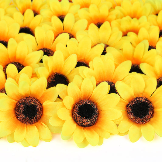 Mocoosy 100 Pcs Sunflowers Artificial Flower Heads, 2.8 Inch Fake Sunflowers Bulk, Yellow Silk Sun Flower Head Decorations DIY Floral Crafts Wedding Arrangement Baby Shower Party Home Decor