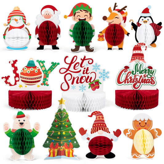 Mocoosy 12 Pack Christmas Party Honeycomb Centerpieces for Table Decorations, Xmas Center Pieces Table Topper with Gnome Santa Snowman Tabletop Centerpieces Decor Holidays Winter Office Party Supplies
