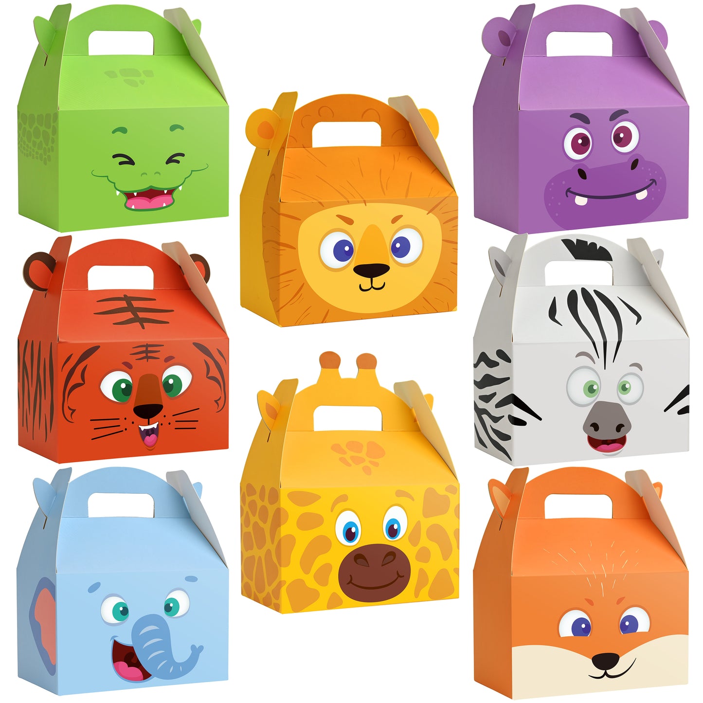 Mocoosy 24PCS Animal Party Favor Treat Boxes, Thickened Cardboard Gift Boxes Candy Snack Goodie Bags for Kids Birthday, Recycled Paper Gable Box with Handles for Jungle Safari Zoo Theme Party Supplies