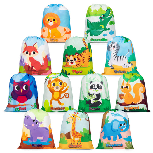 Mocoosy 12 Pack Animal Party Favor Drawstring Bags for Kids Birthday Supplies, Animal Backpack String Bags for Boys Girls, Jungle Gift Goodie Treat Bags for Party Baby Shower School Travel Storage Bag