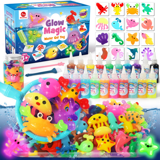 Mocoosy 20 Color Glow in The Dark Magic Water Elf Toy Kit for Kids, Aqua Fairy Water Gel Kit with Magic Gel & Squishy Molds, Make Your Own Squishy Toys & Water Pets, DIY Aqua Art Crafts Birthday Gifts