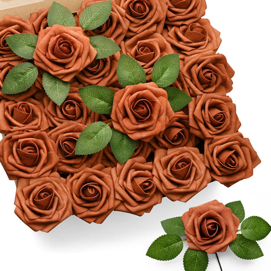 Mocoosy 50Pcs Burnt Orange Artificial Rose Flowers, Terracotta Fake Roses for Decorations, Real Touch Rust Foam Rose Bulk with Stem Floral Arrangements Wedding Bouquets Bridal Shower Party Home Decor