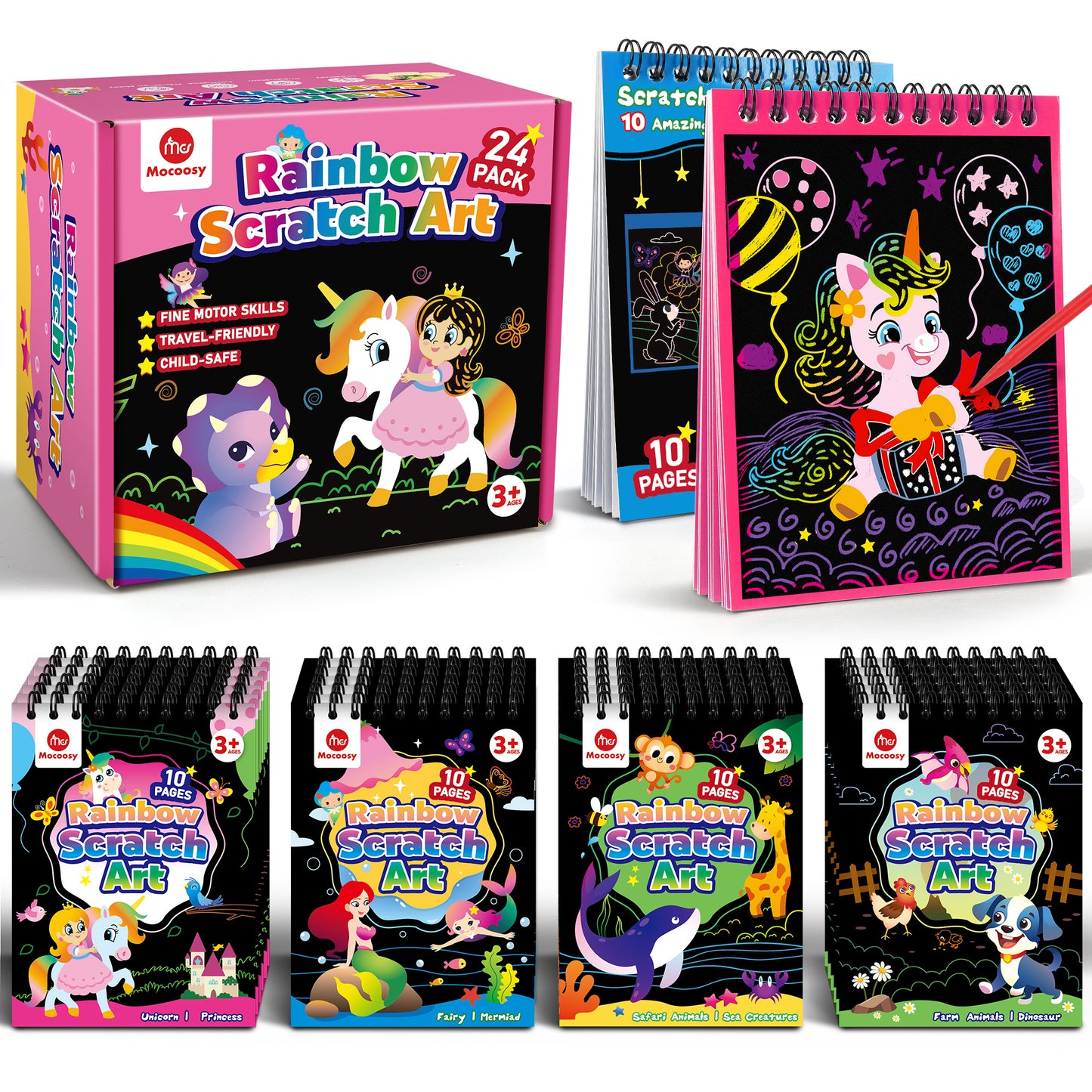 Mocoosy 24 Pack Scratch Art Party Favors for Kids, Rainbow Scratch Paper with 10 Designs, Easter Basket Stuffers, Birthday Goodie Bag Fillers, Classroom Prizes, Craft Kits, Art Supplies for Boys Girls