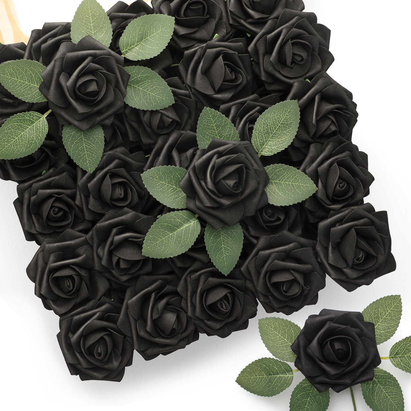 Mocoosy 50Pcs Black Roses Artificial Flowers, Fake Roses for Decorations, Real Touch Foam Rose Bulk with Stem Gothic Wedding Bouquet DIY Floral Arrangements Bridal Shower Valentine's Party Table Decor